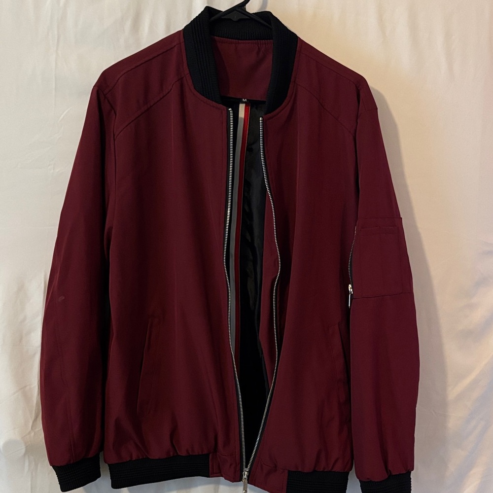 Men's Burgundy Bomber Jacket - Classic Lightweight Style Size M